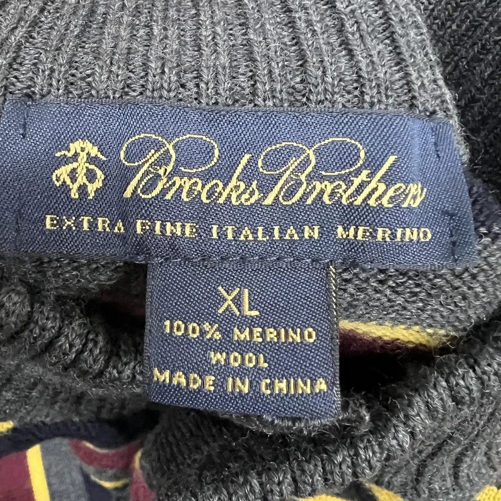 Brooks Brothers Sweater Mens XL Stripe Mock Neck Henley Extra Fine Merino Wool‎